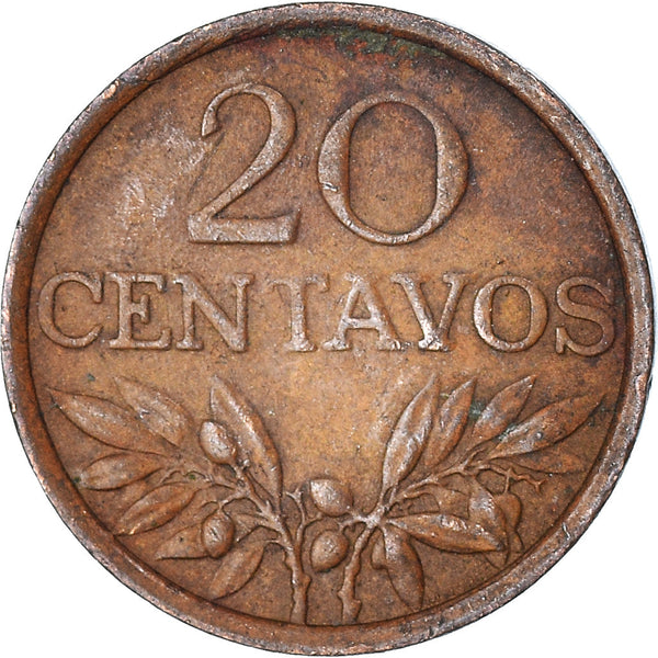 Portugal 20 Centavos Coin, Olive Branch, Cross, KM584