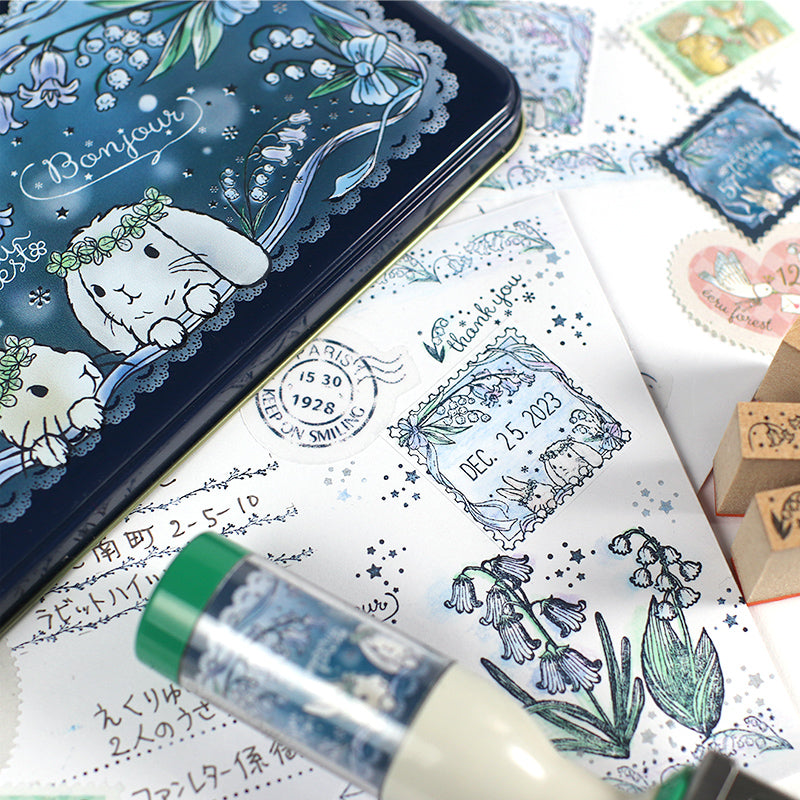 [Date Rotating Stamp] Stamp-style for letters and a matching storage tin! Original from Ekuryu no Mori Sanby Date Stamp for Diaries and Message Cards ★ Two Rabbits, Lop-eared Rabbits, Flowers, Bluebells, Lily of the Valley, Ribbon, Rabbit Seal, Date Stamp