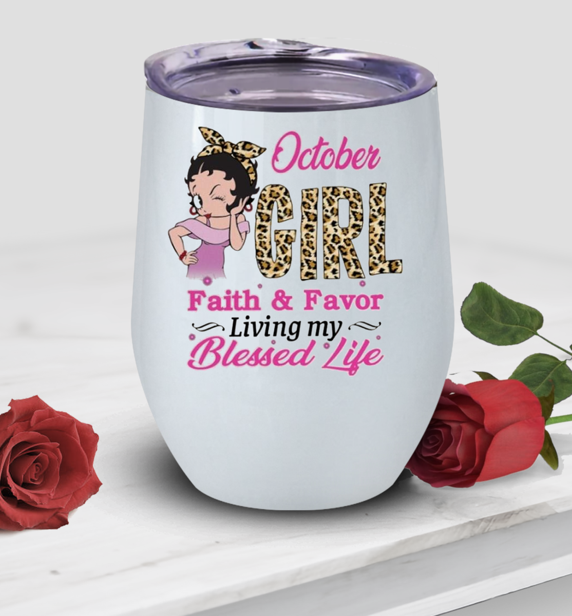 October Girl Faith And Favor Leopard Wine Tumbler, Birthday Month Wine Tumbler