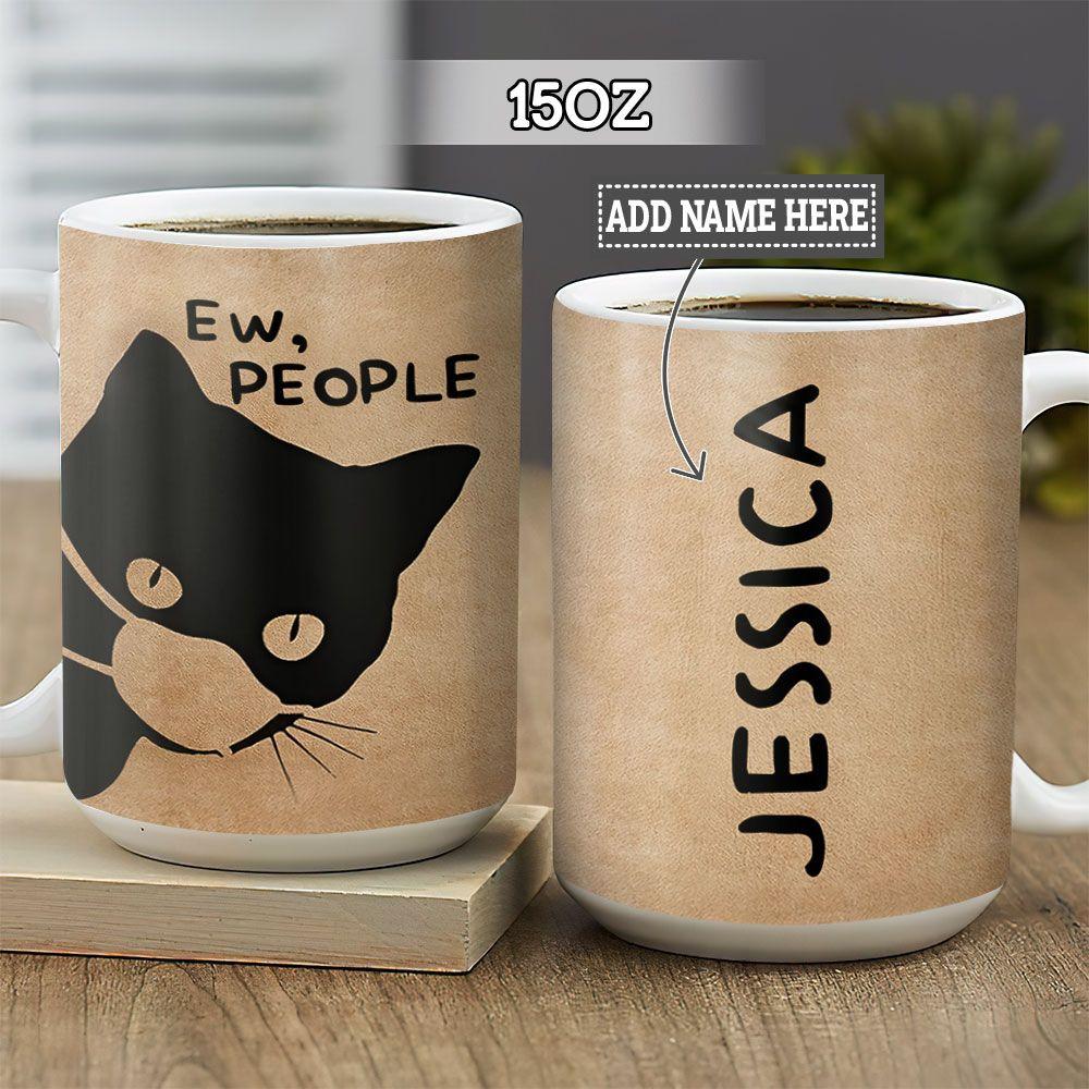 Personalized Black Cat Coffee Color Ceramic Mug , Custom Friend , Cat Person Mug