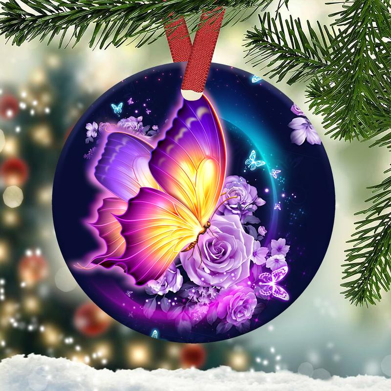 Butterflies And Purple Roses Two – Sided Circle Ornament, Butterfly Lovers Ornament