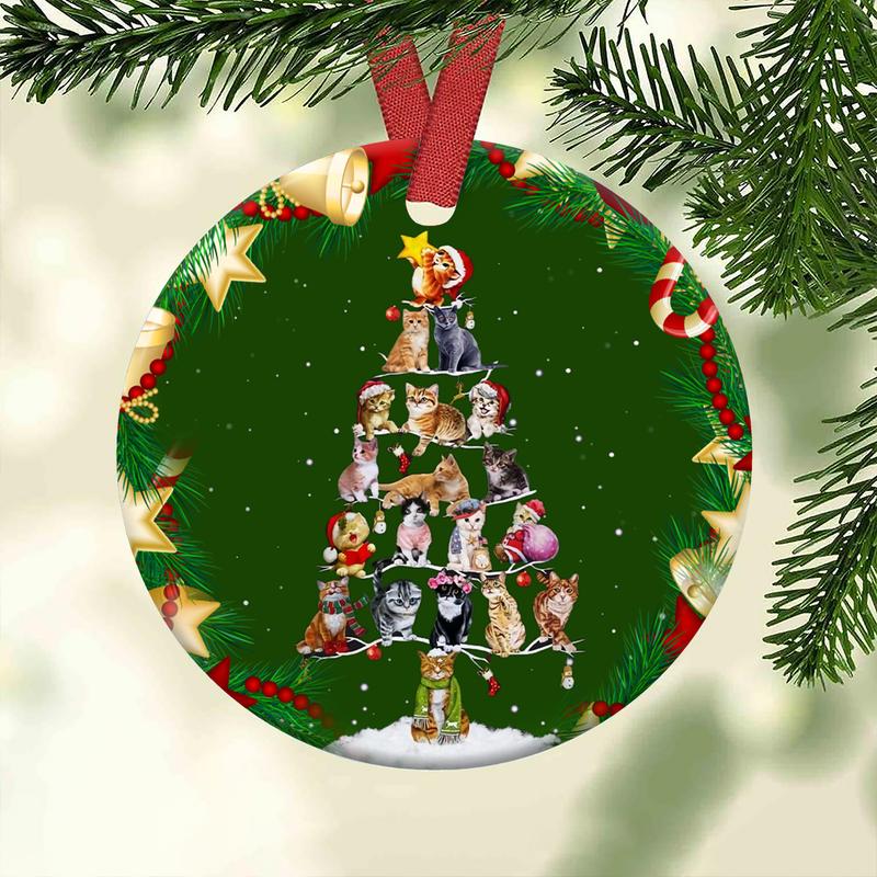 Cat Christmas Tree Circle Ornament, Cat Lovers Ornament