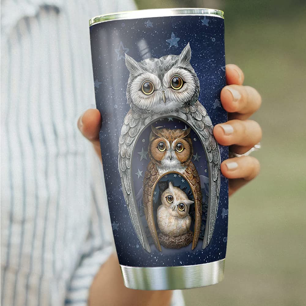 Owl Family In The Night Sky Stainless Steel Tumbler, Owl Lovers Stainless Steel Tumbler