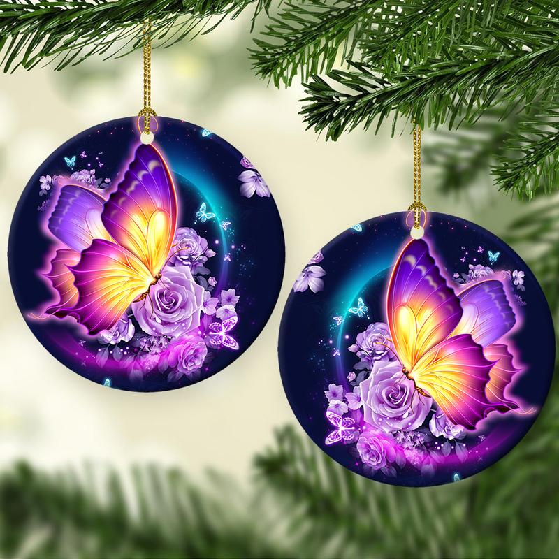 Butterflies And Purple Roses Two – Sided Circle Ornament, Butterfly Lovers Ornament