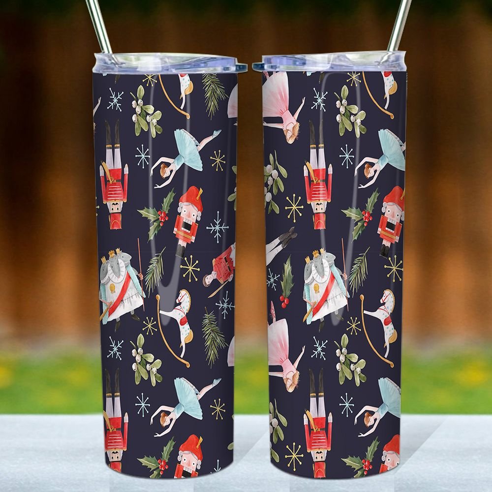 Ballet Dancers And Nutcrackers Christmas Pattern Skinny Tumbler, Christmas Pattern Tumbler