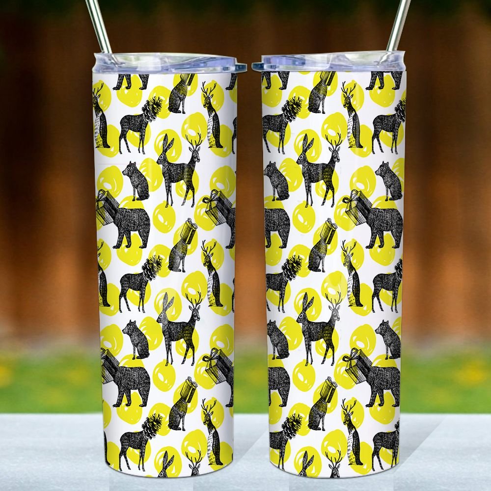Christmas Animals In The Forest Pattern Skinny Tumbler, Merry Christmas Tumbler