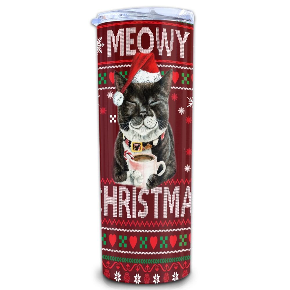 Christmas Cat Pattern Skinny Tumbler, Merry Christmas Tumbler