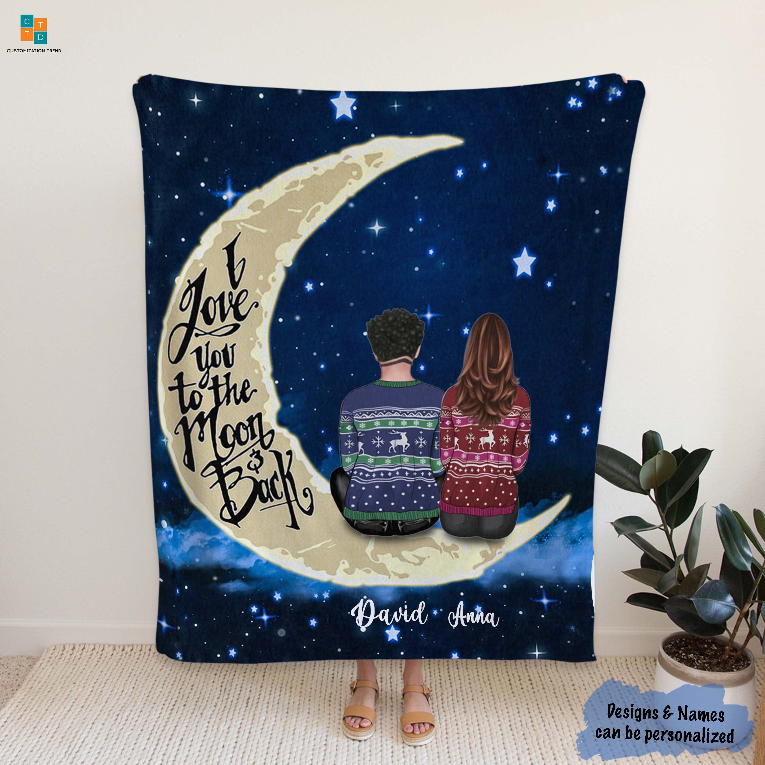 Personalized I Love You To The Moon Back Blanket, Custom Couple Blanket