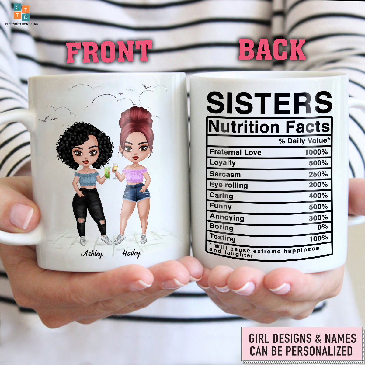 Personalized Chibi Girls – Sisters Nutrition Facts Mug , Custom Friend , Bestie , Sister Mug