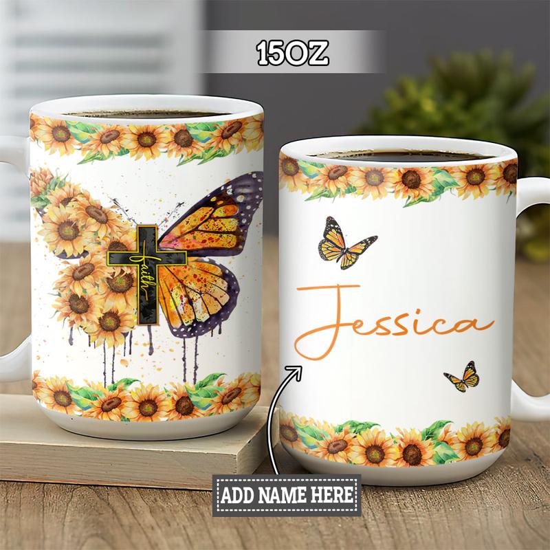 Personalized Butterfly Faith Sunflower Full Color Ceramic Mug , Custom Mom Mug