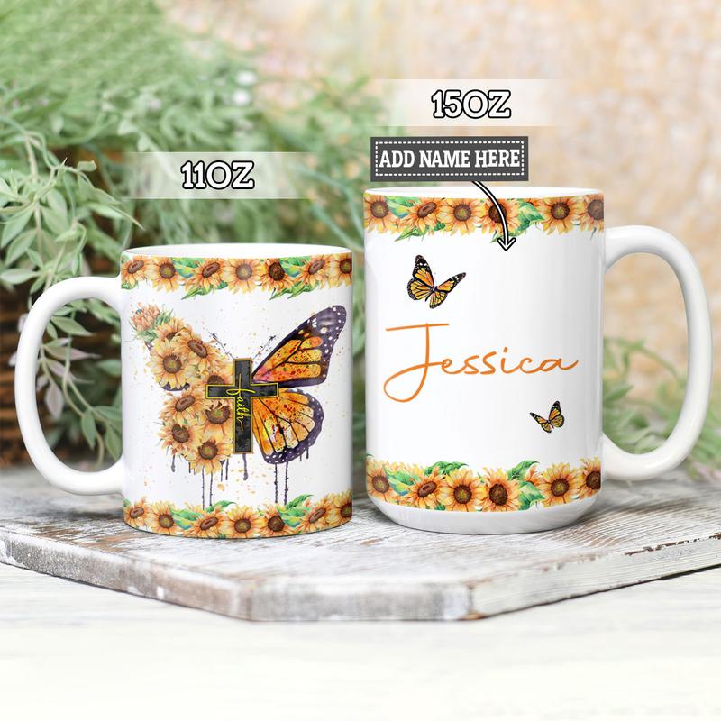 Personalized Butterfly Faith Sunflower Full Color Ceramic Mug , Custom Mom Mug