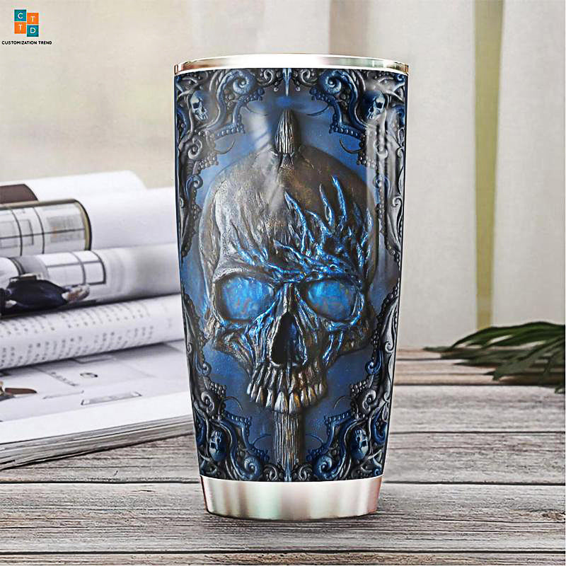 Blue Skull Woody Style Stainless Steel Tumbler, Skull Lovers Stainless Steel Tumbler