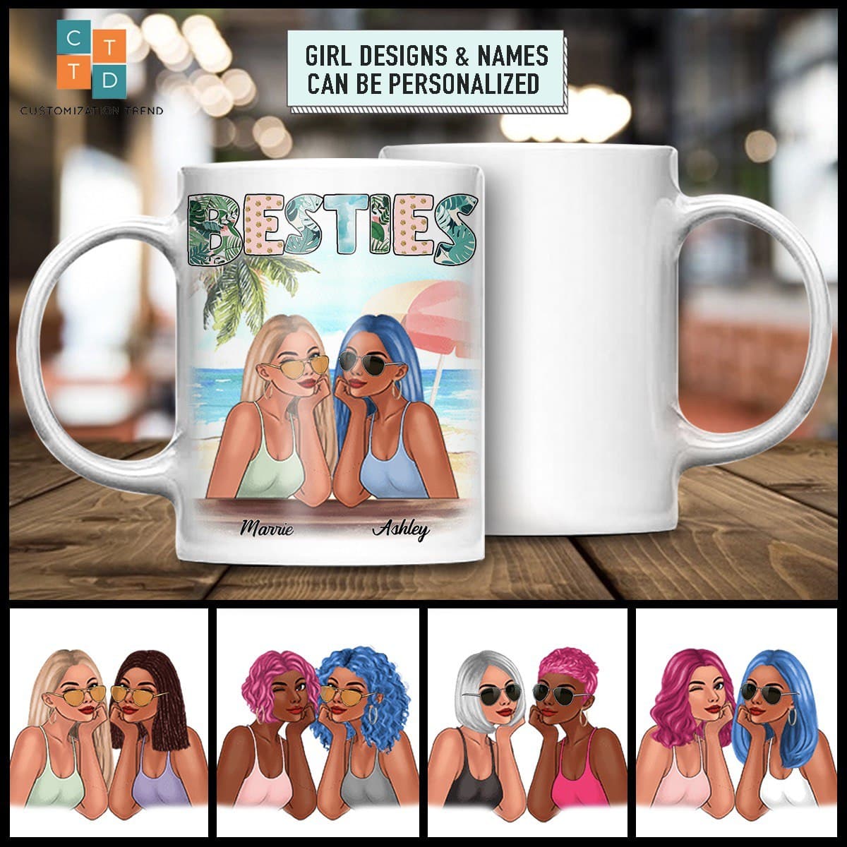 To My Bestie  –  Beach Modern Girls Besties Front View Personalized  White Mug