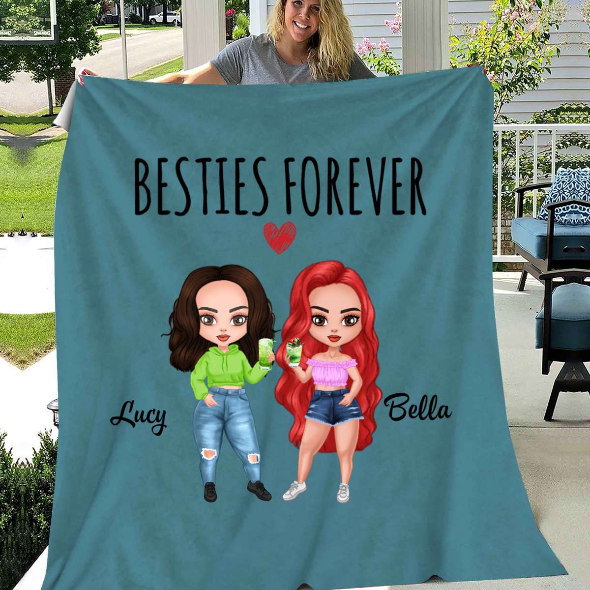 Personalized Besties Forever Chibi Girls Blanket, Custom Besties, Friends, Sisters Blanket