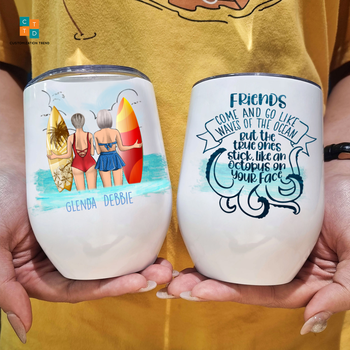 Friends Come And Go Like Waves Custom Summer Gift For Sisters Friends  Wine Tumbler ,Custom Friend, Bestie , Sister Wine Tumbler