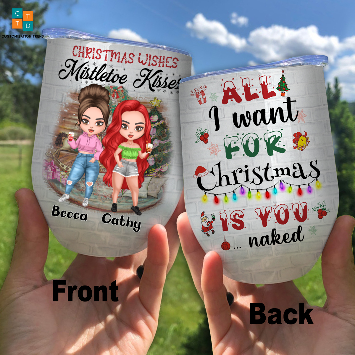 Personalized  Chibi Girls  Xmas Wishes All I Want For Christmas Is You  Wine Tumbler ,Custom Friend, Bestie, Sister Wine Tumbler