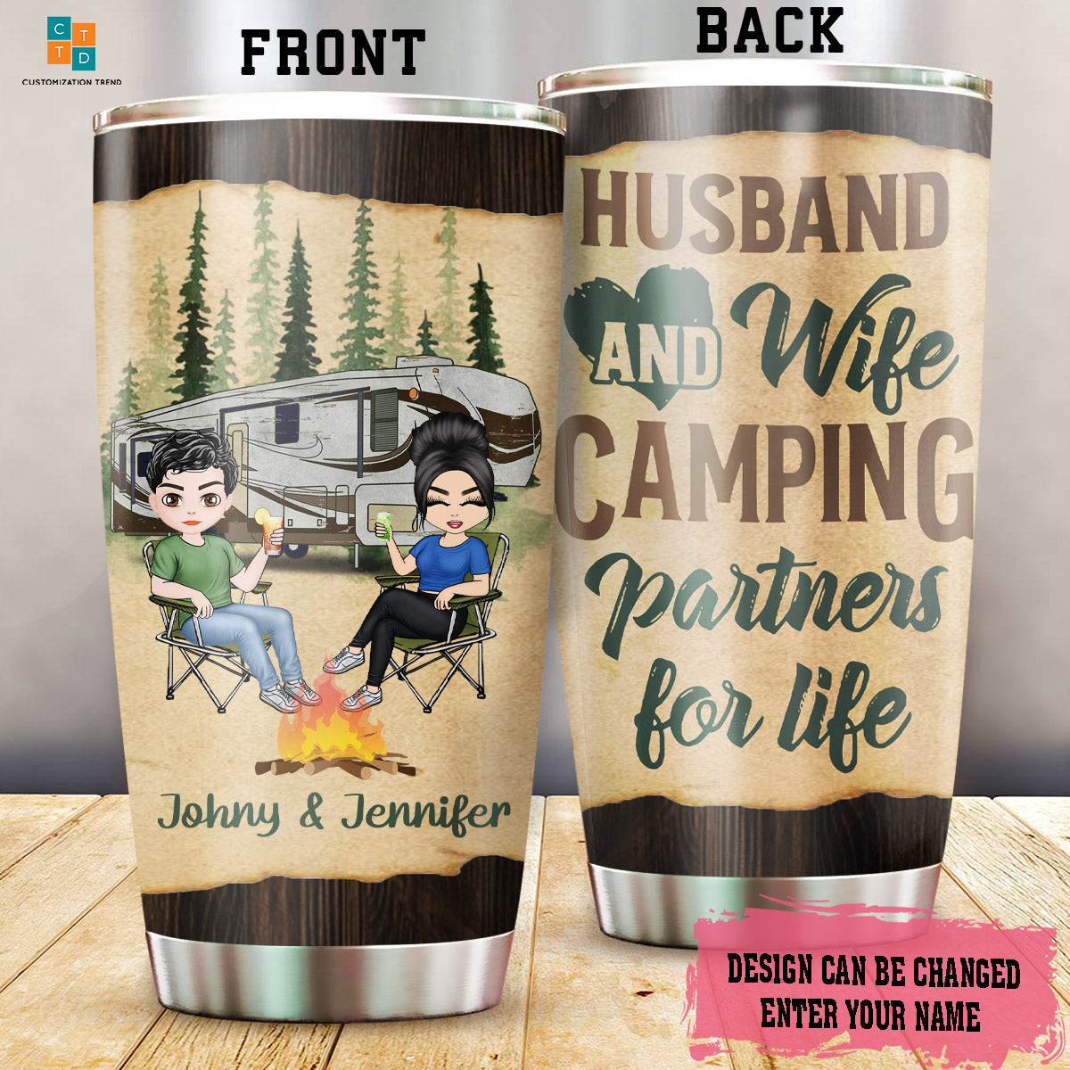 Personalized  Husband And Wife Camping Partners For Life  Steel Tumbler, Custom Couple , Hippie Stainless Steel Tumbler