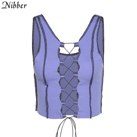 Image of Nibber sexy hollow out camisole women Ribbed knitting crop tops summer fashion club party wear tank tops bandage vest female tee