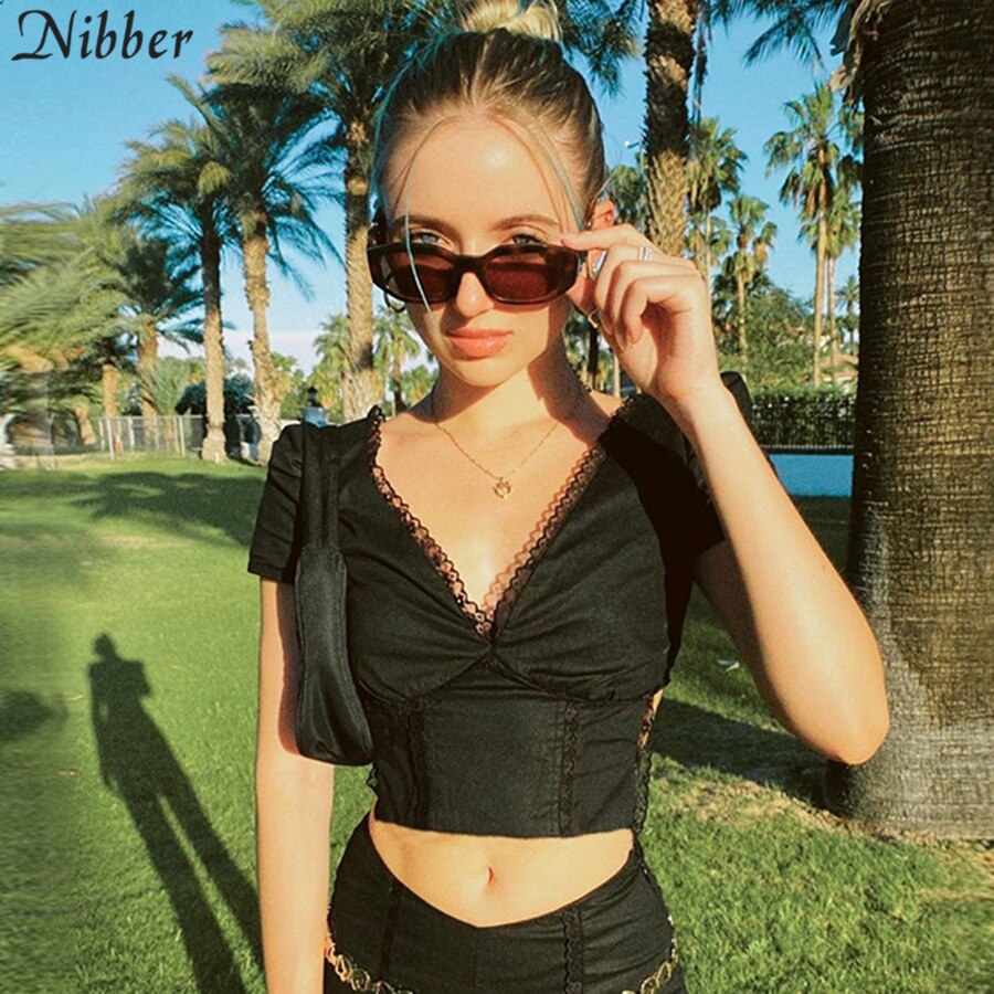 Nibber Sexy CBandage Backless Black Lace Corp Tops Women Short Sleeve T-Shirts Summer Elegant V-neck Top Tees Streetwear Female