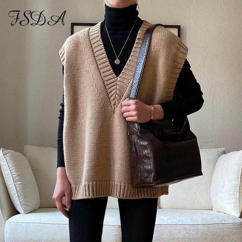 FSDA V Neck Knitted Vest Sweater Sleeveless Women Khaki Casual Pullover Black 2020 Autumn Winter Gray Jumper Fashion 1022-1
