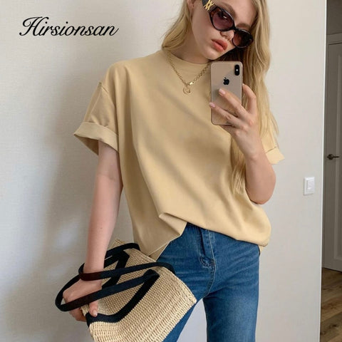Image of Hirsionsan Casual Cotton Basic T-Shirt Women Soft Oversized Solid Color Female Tees Harajuku Elegant Ladies Summer Tops Green