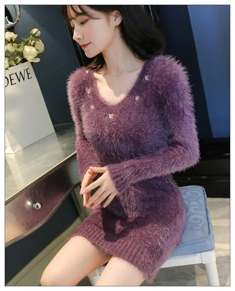 Faux Mink Furry Sweater Women Autumn Winter Embroidery Elasticity Knit Bottoming Pullover Hippocampus Sexy Package Hip Dress