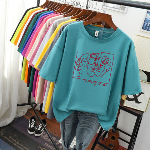 Image of Hirsionsan Abstract Line Printed T Shirt Women Funny Graphic Soft Loose Female Tees Cotton Summer Casual Tops Khaki Tshirts 2021