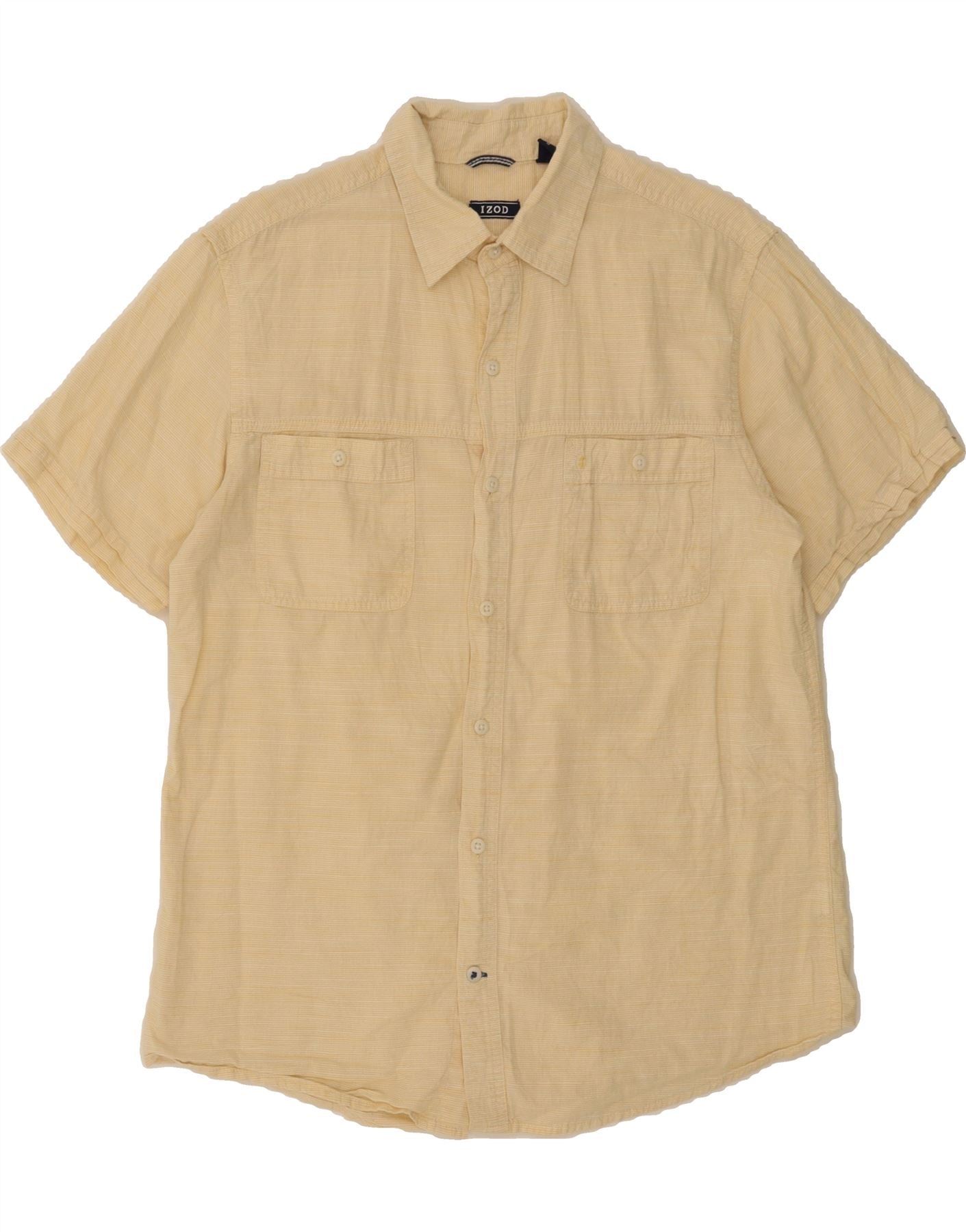 image of IZOD Mens Short Sleeve Shirt Medium Yellow Pinstripe Cotton