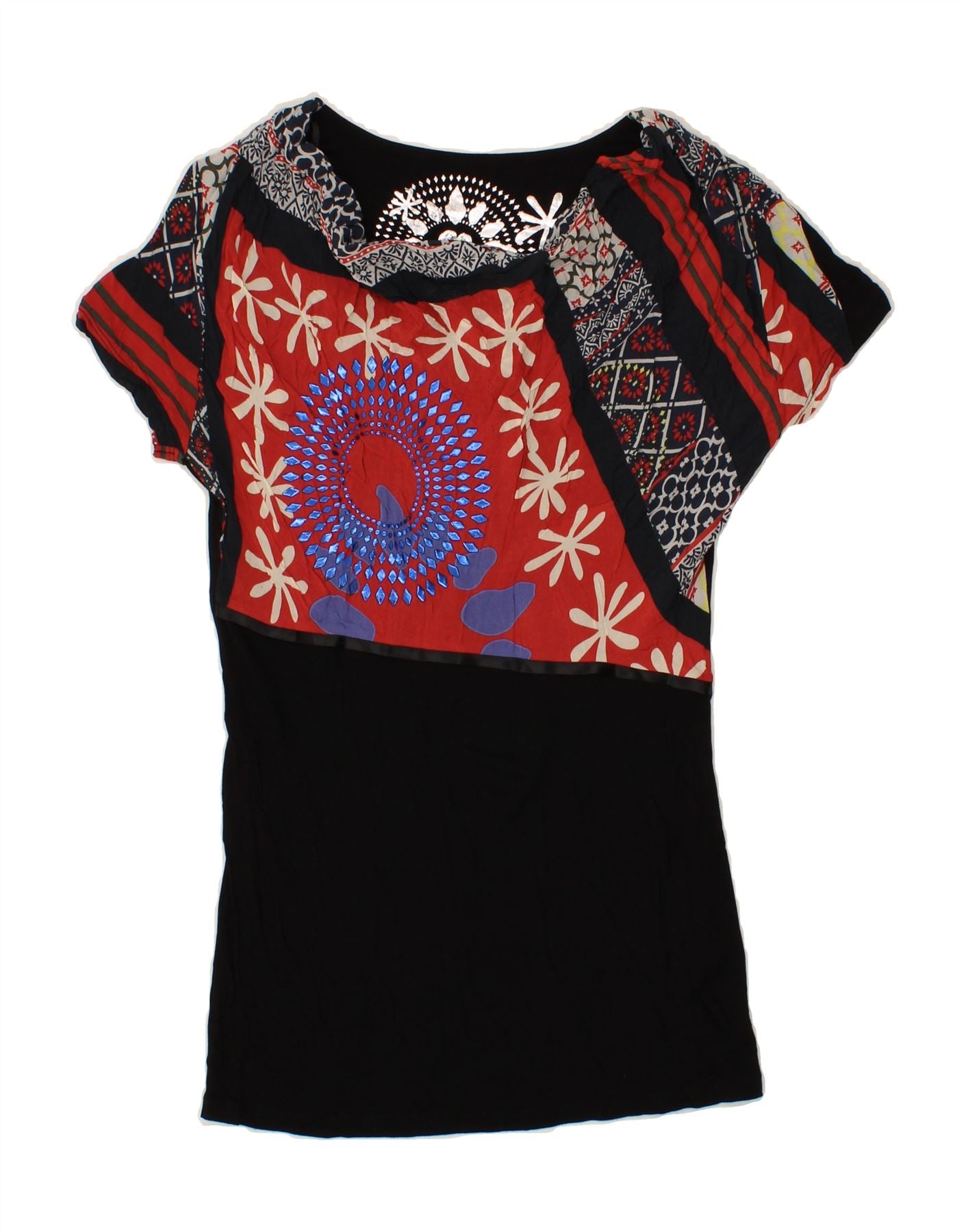 Image of DESIGUAL Womens Graphic Blouse Top UK 6 XS Black Floral Viscose