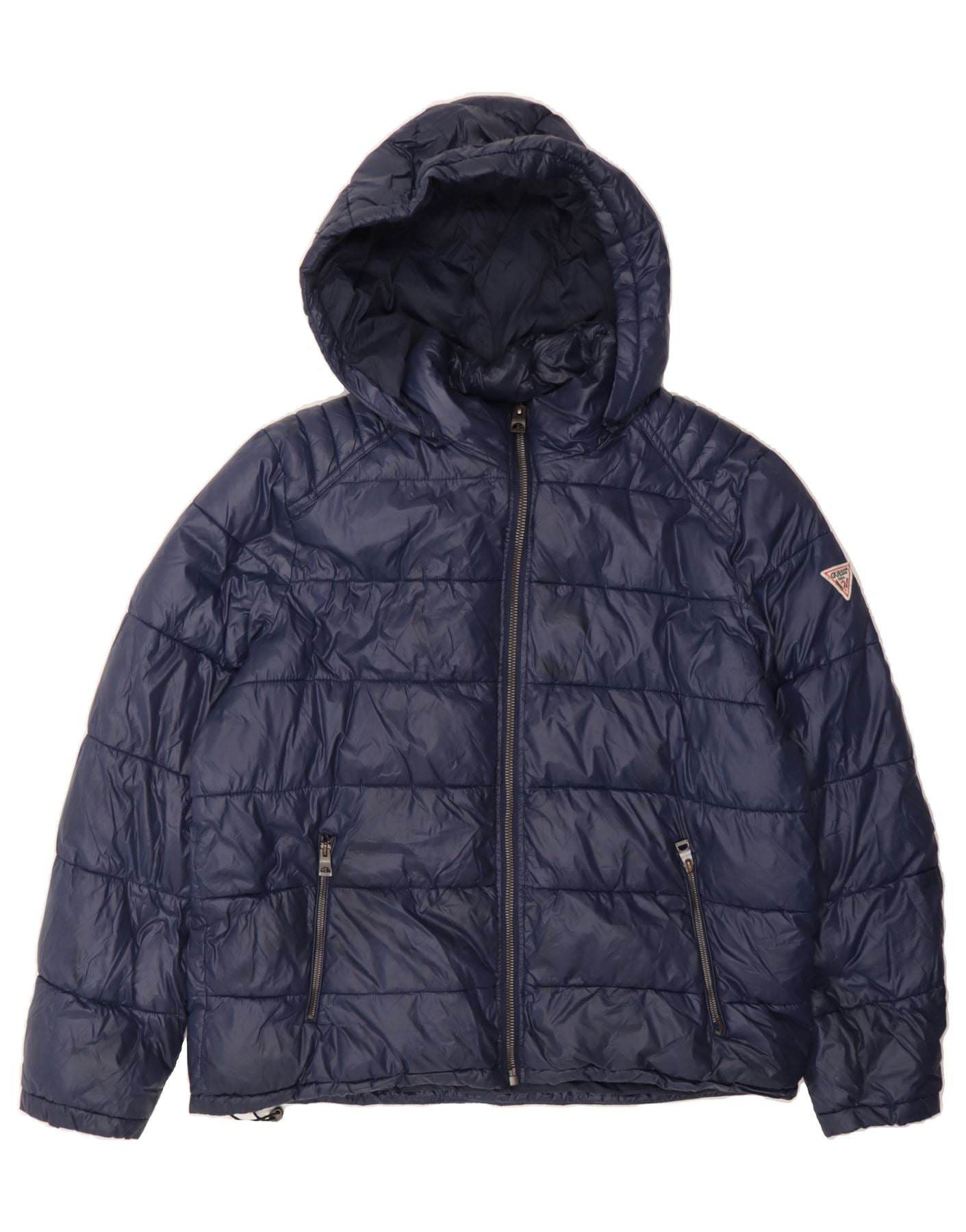 image of GUESS Mens Hooded Padded Jacket UK 44 2XL Navy Blue Nylon