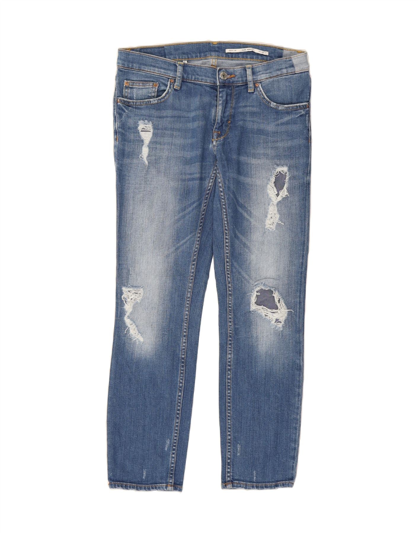 image of ZARA Womens Mid Rise Distressed Straight Jeans EU 34 2XS W24 L25 Blue
