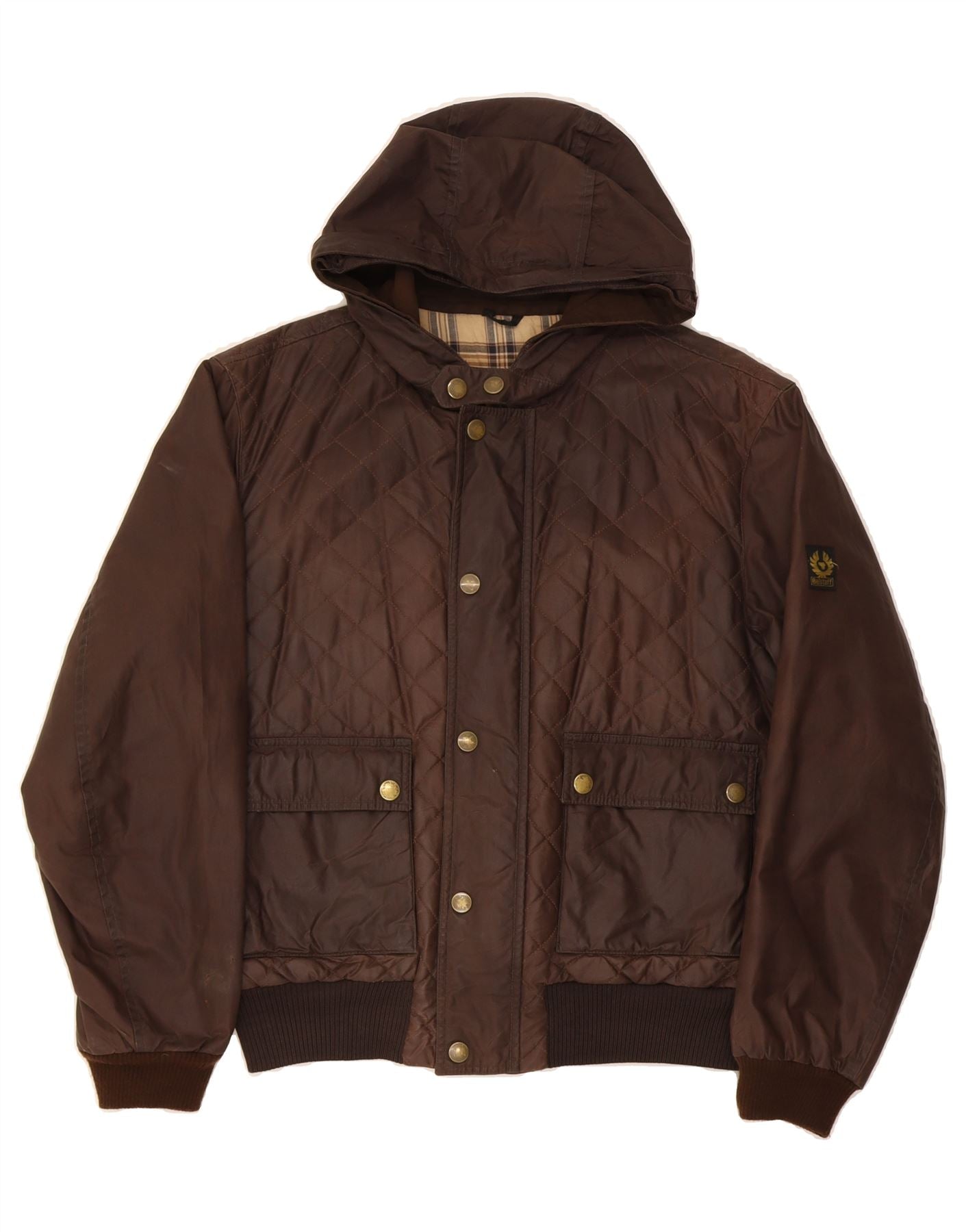 image of BELSTAFF Mens Hooded Waxed Quilted Jacket UK 40 Large Brown Cotton Classic