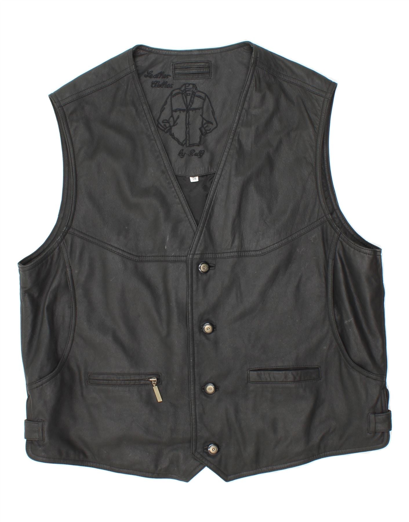 image of VINTAGE Mens Leather Waistcoat IT 46 XL Black Leather