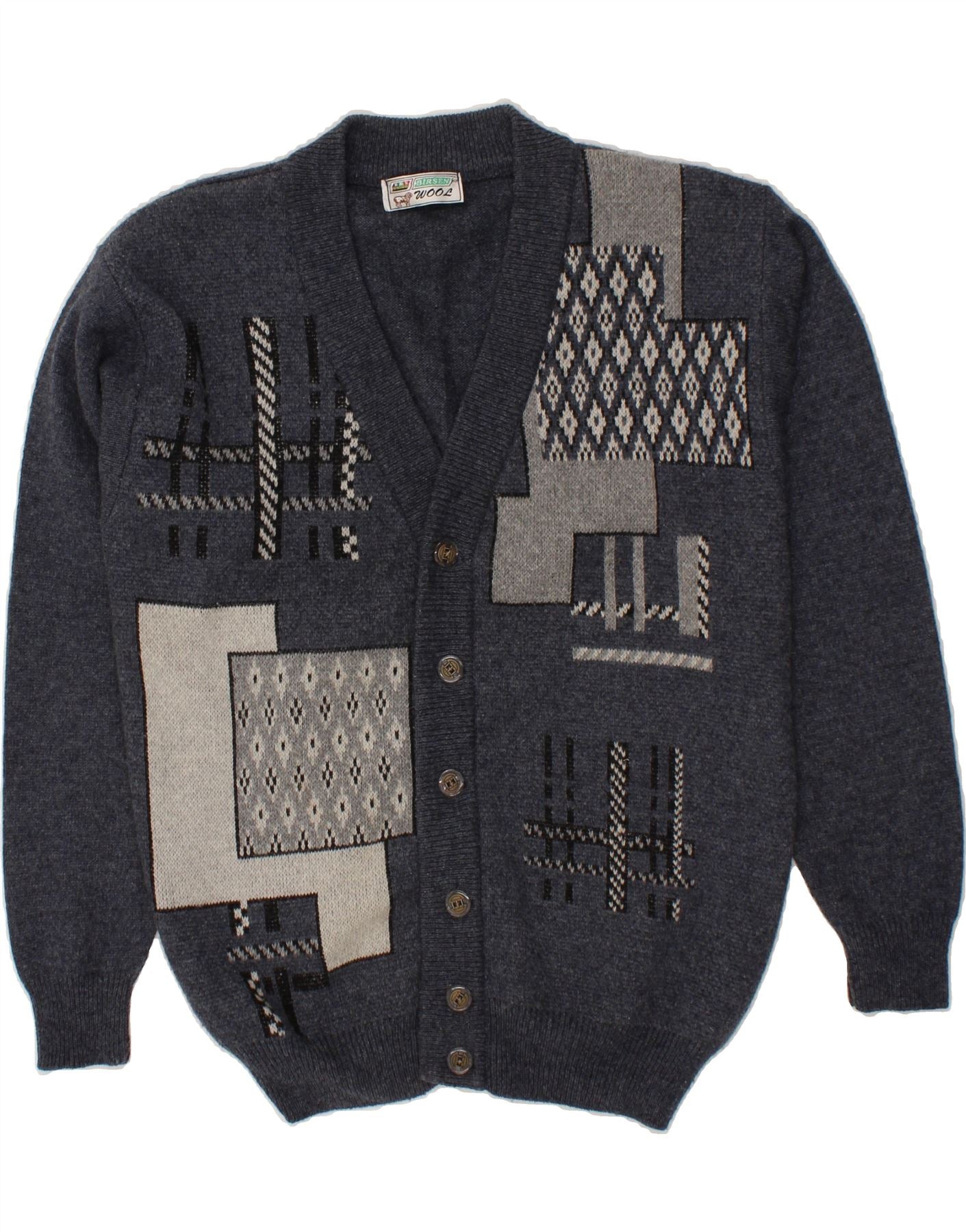 image of VINTAGE Mens Cardigan Sweater Large Grey Geometric Wool