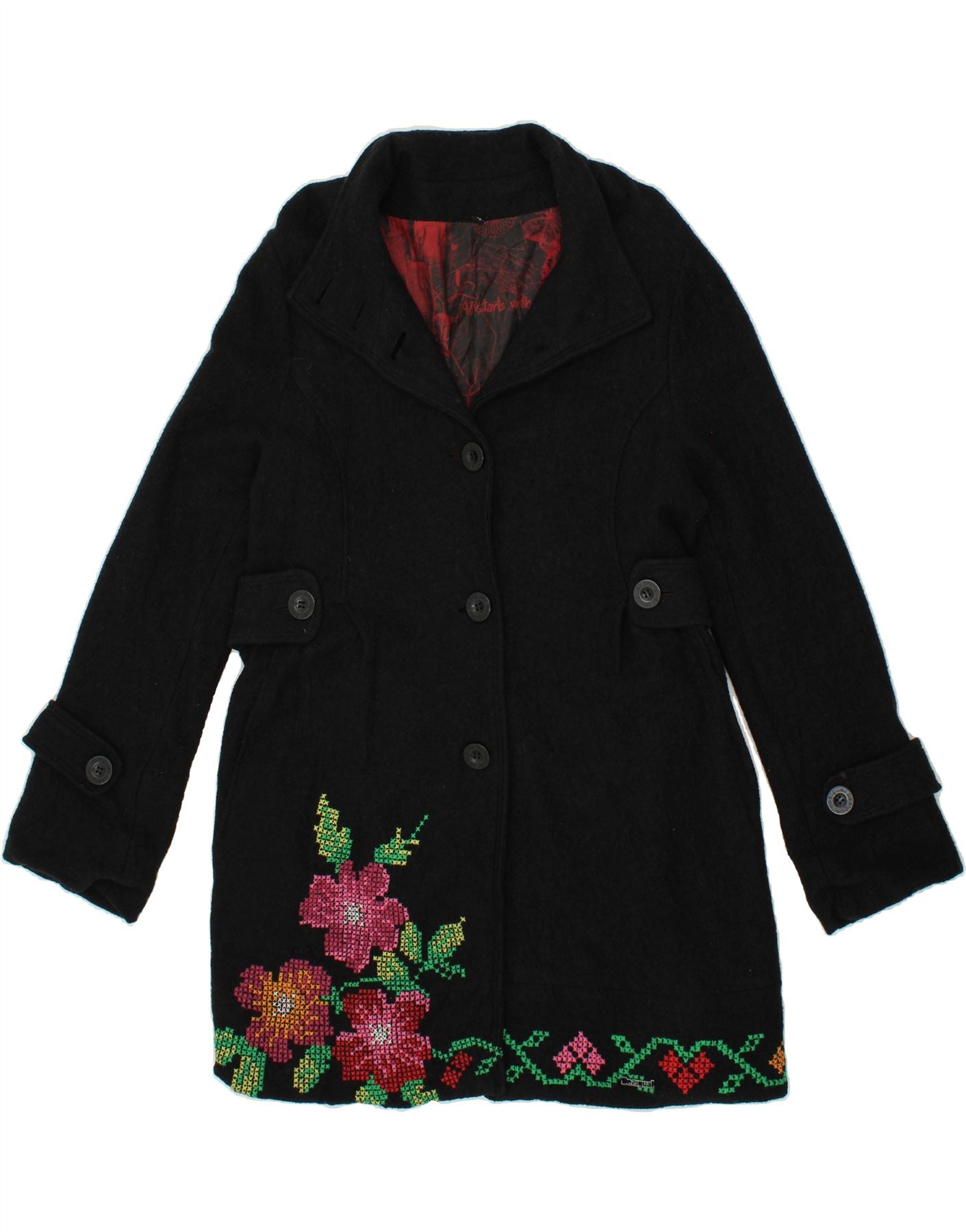 Image of DESIGUAL Womens Overcoat EU 42 Large Black Floral Wool