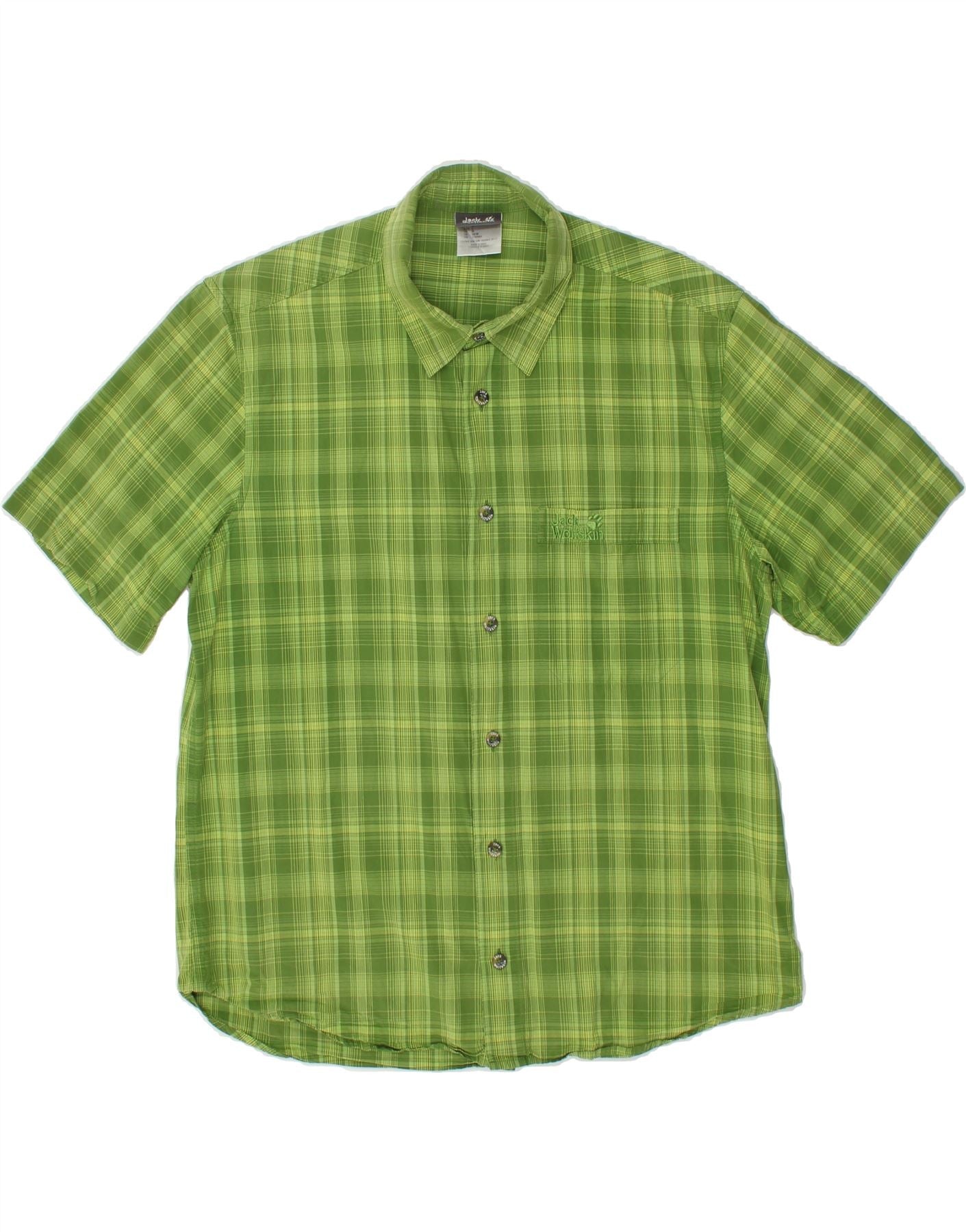 image of JACK WOLFSKIN Mens Short Sleeve Shirt UK 36/38 Medium Green Check Cotton