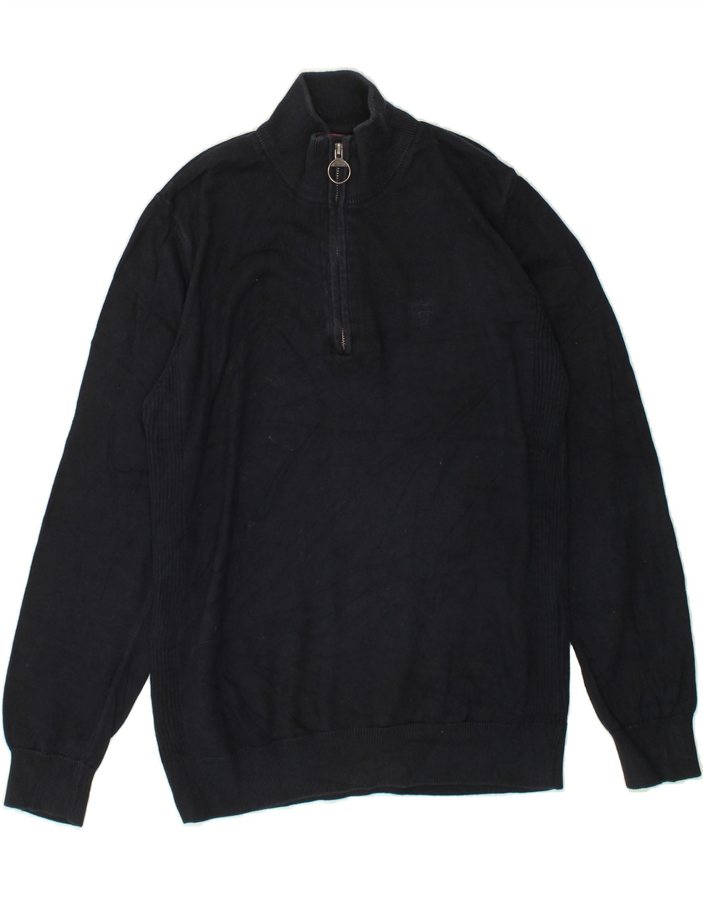 image of BARBOUR Mens Zip Neck Jumper Sweater Small Navy Blue Cotton