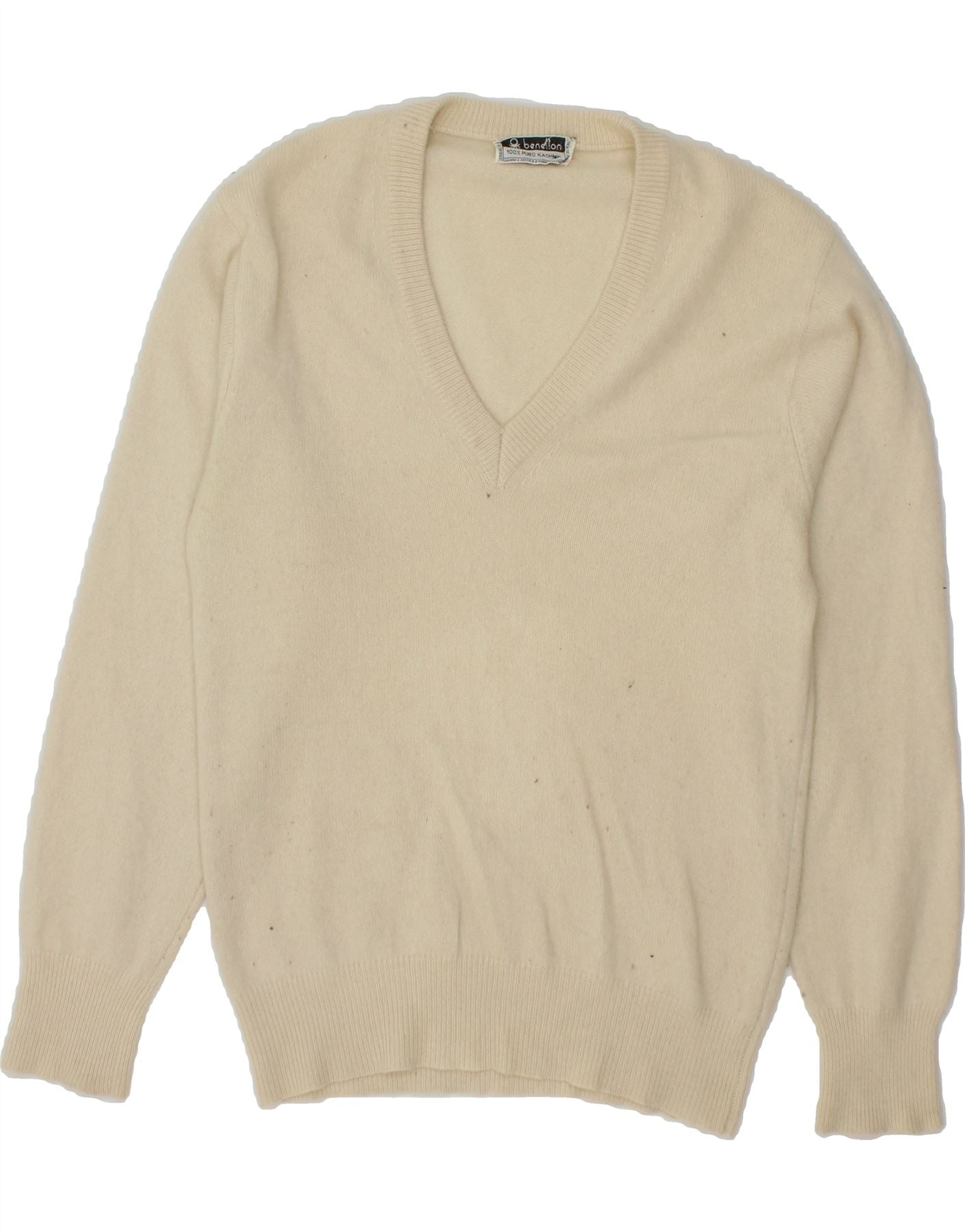 Image of BENETTON Womens V-Neck Jumper Sweater UK 10 Small Beige Cashmere