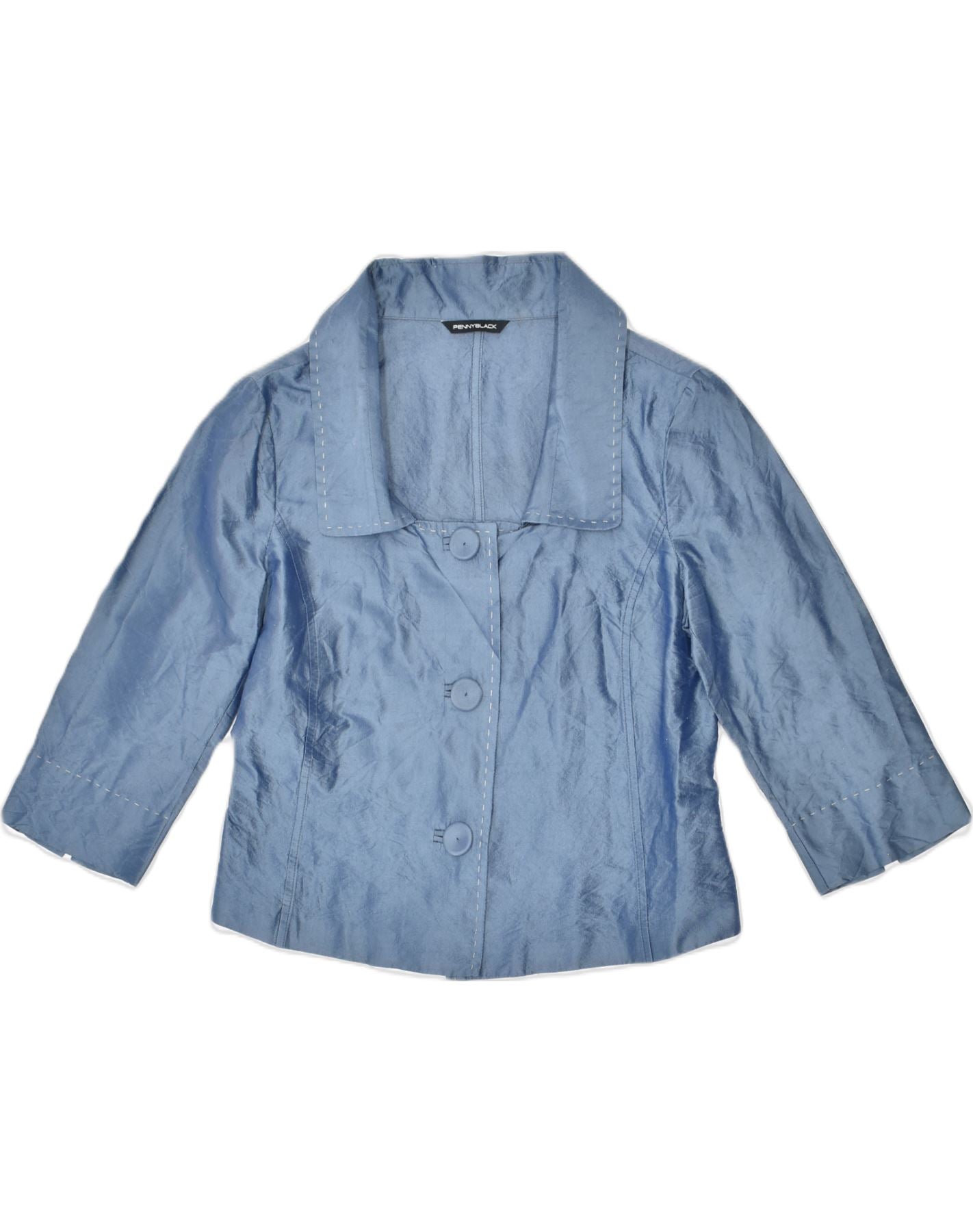 image of PENNY BLACK Womens 3/4 Sleeve Crop Blazer Jacket UK 10 Small Blue Silk