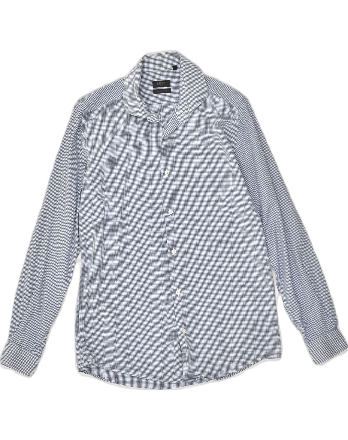 image of LIU JO Mens Slim Fit Shirt Size 40 15 1/2 Medium Navy Blue Check Cotton