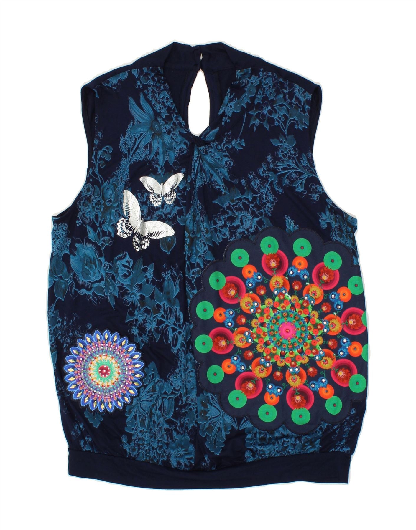 image of DESIGUAL Womens Graphic Sleeveless Blouse Top UK 16 Large Navy Blue Floral