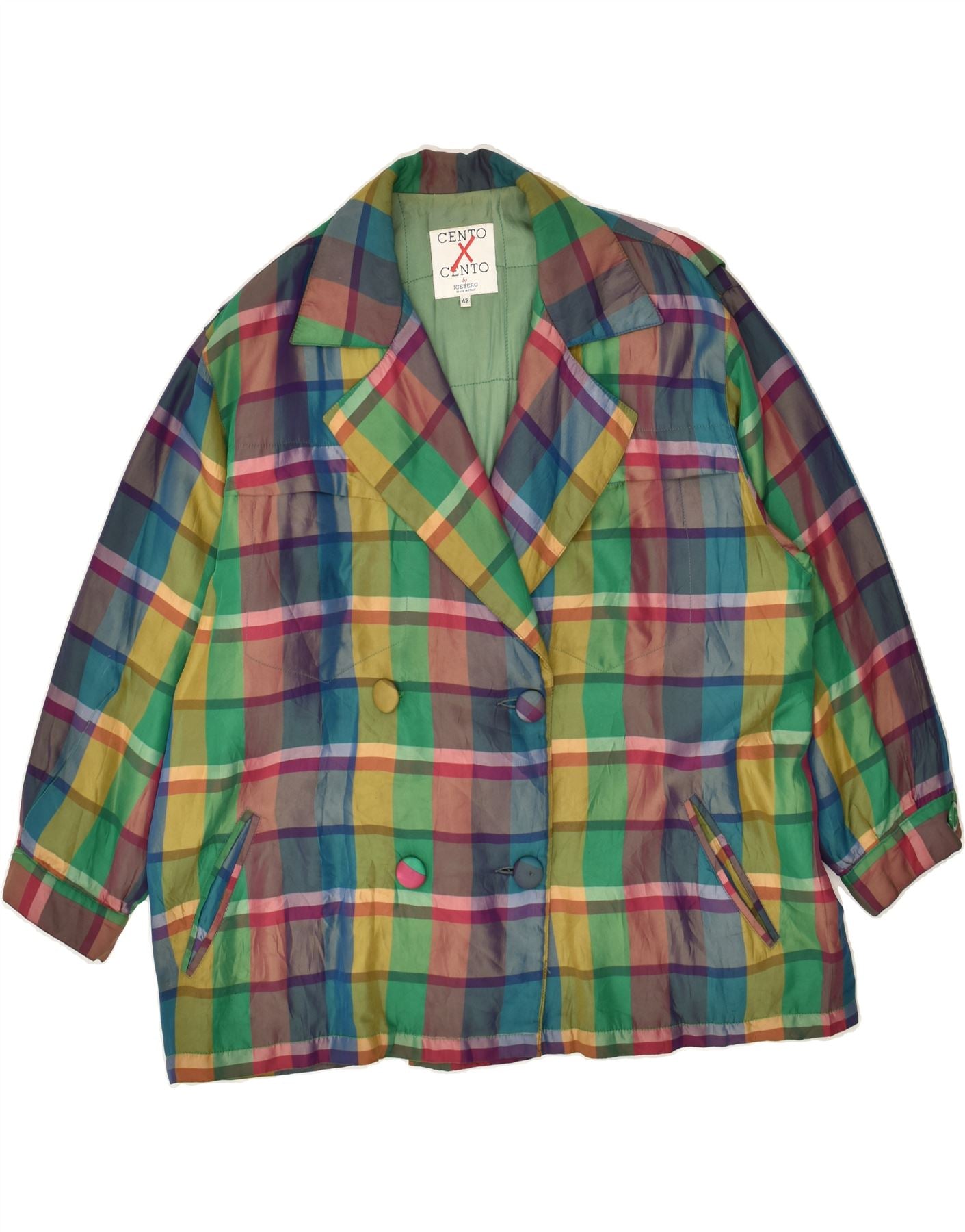 image of ICEBERG Womens Overcoat EU 42 Large Green Check Polyester