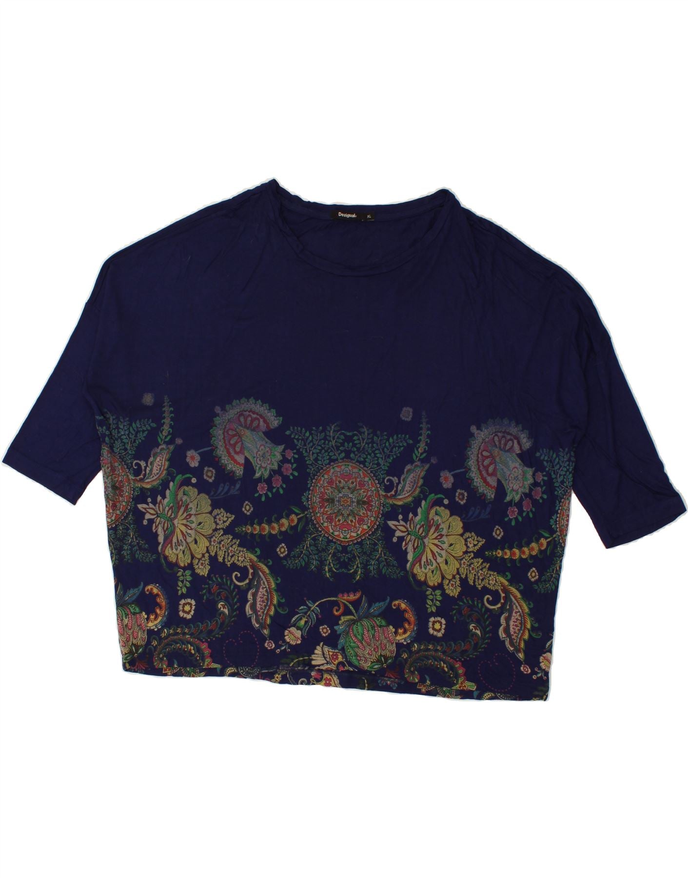 image of DESIGUAL Womens Oversized 3/4 Sleeve Blouse Top UK 16 XL Navy Blue Floral