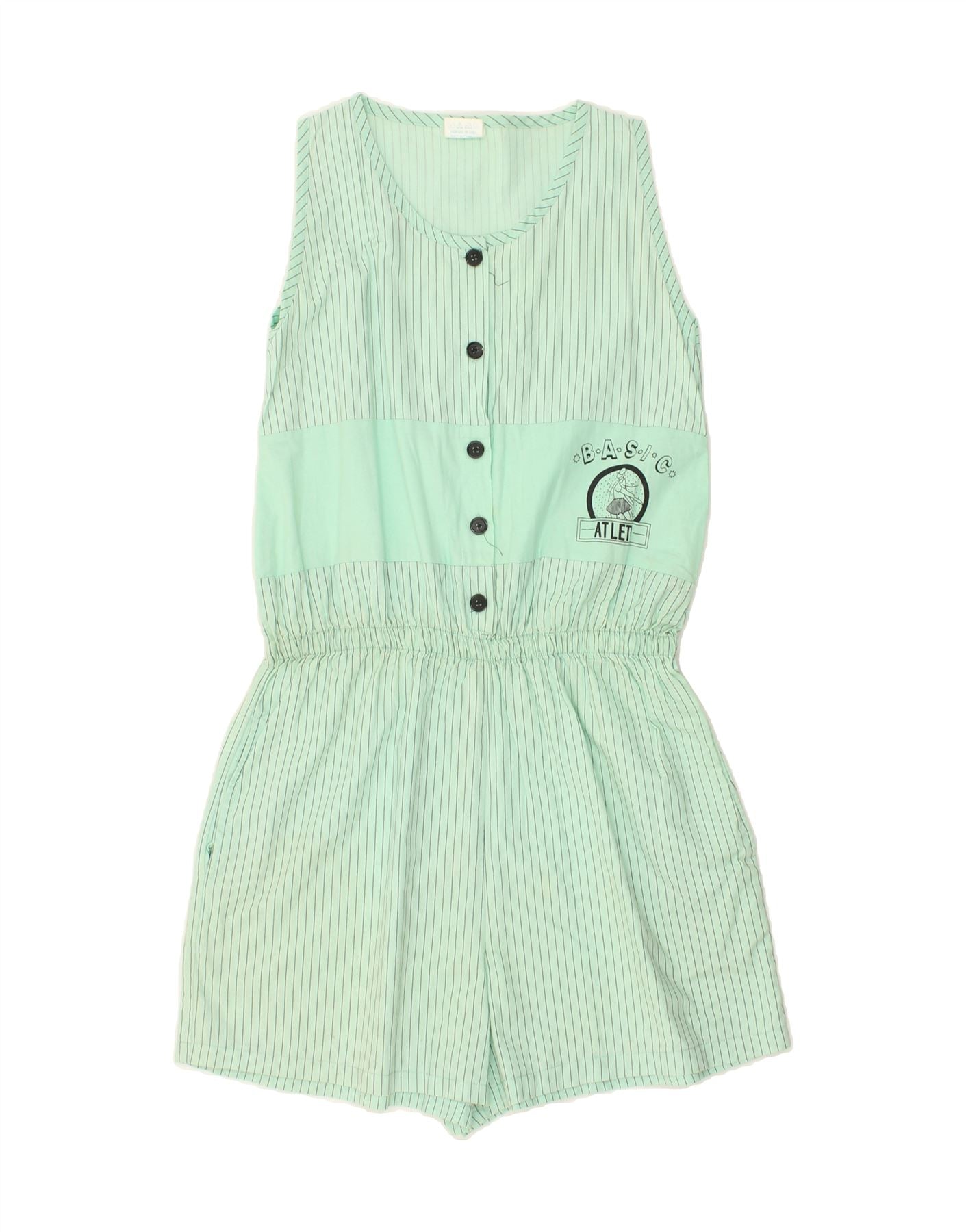 Image of BASIC Womens Sleeveless Playsuit UK 10 Small  Green Pinstripe Cotton