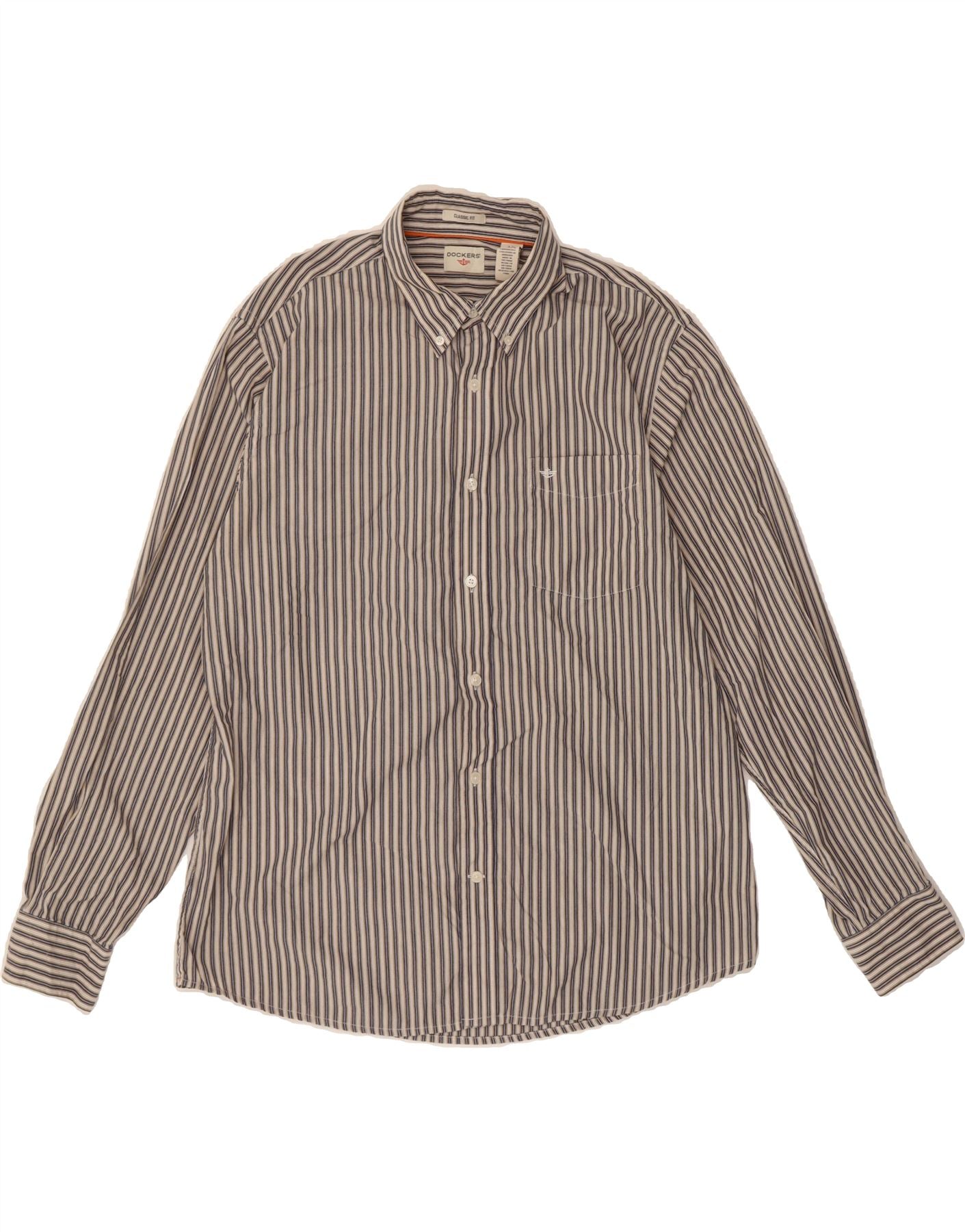 image of DOCKERS Mens Classic Fit Shirt Large Grey Striped Cotton