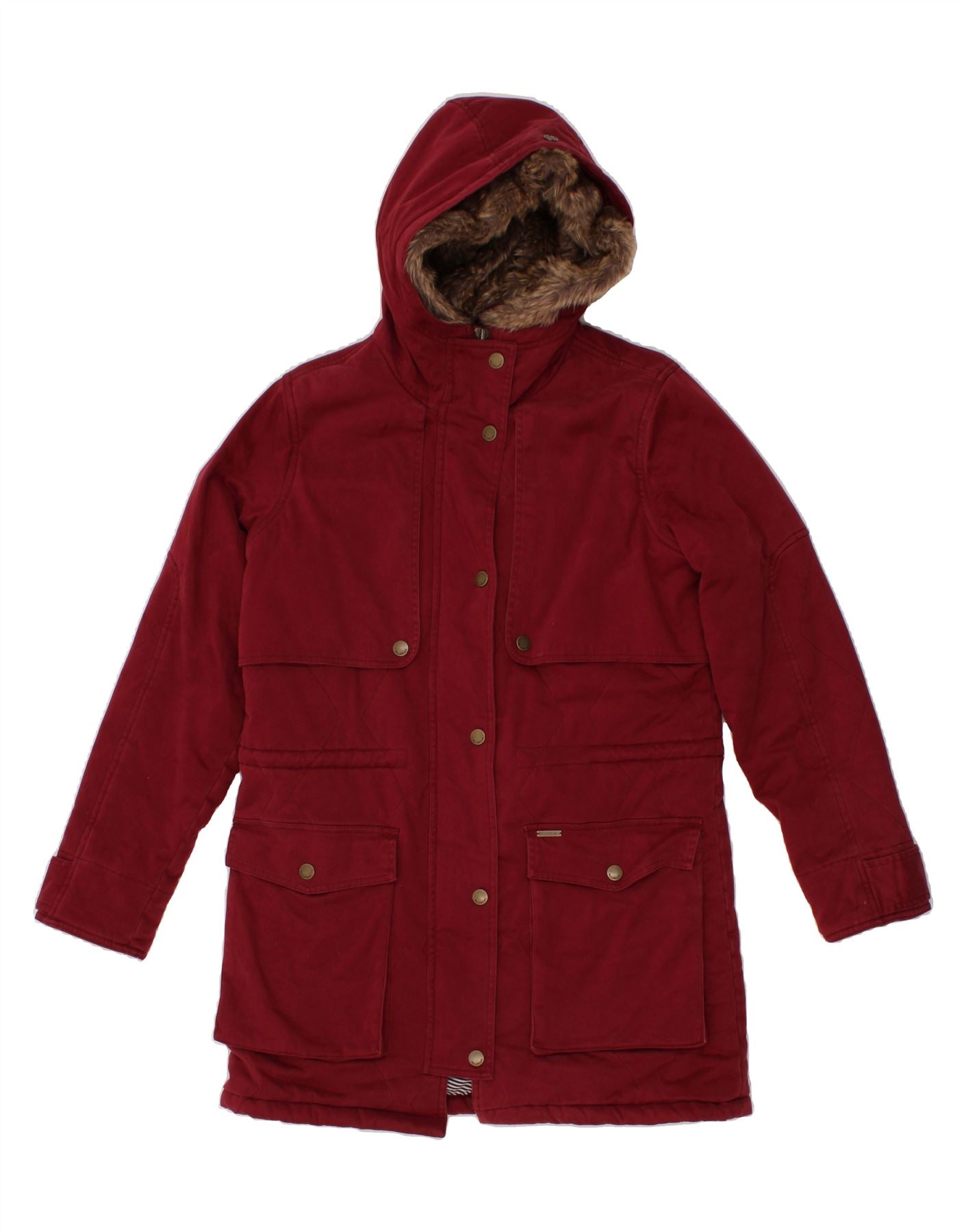 Image of BILLABONG Womens Hooded Overcoat UK 14 Medium Red Cotton