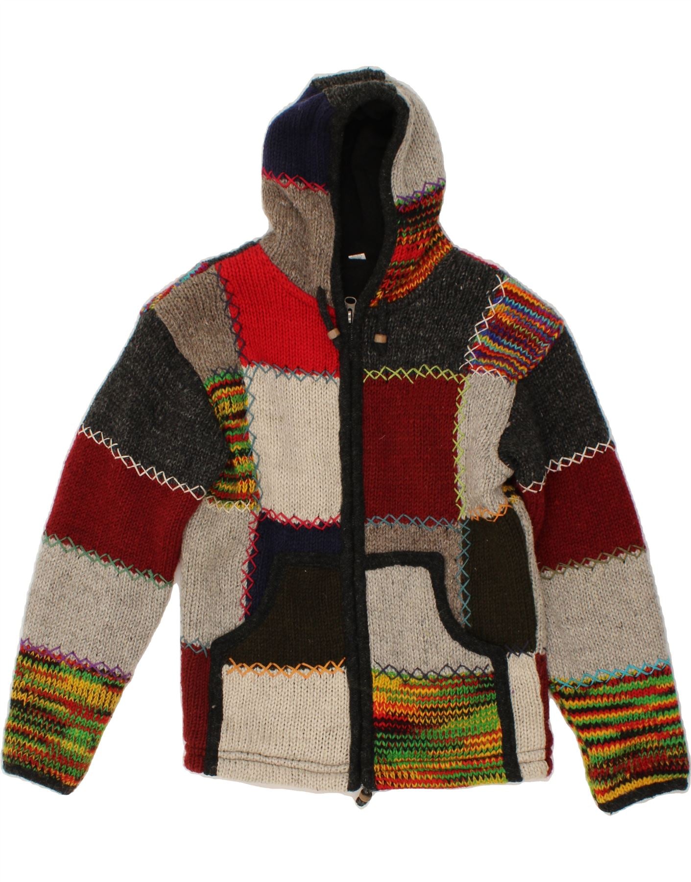 image of VINTAGE Womens Hooded Cardigan Sweater UK 10 Small Multicoloured Patchwork