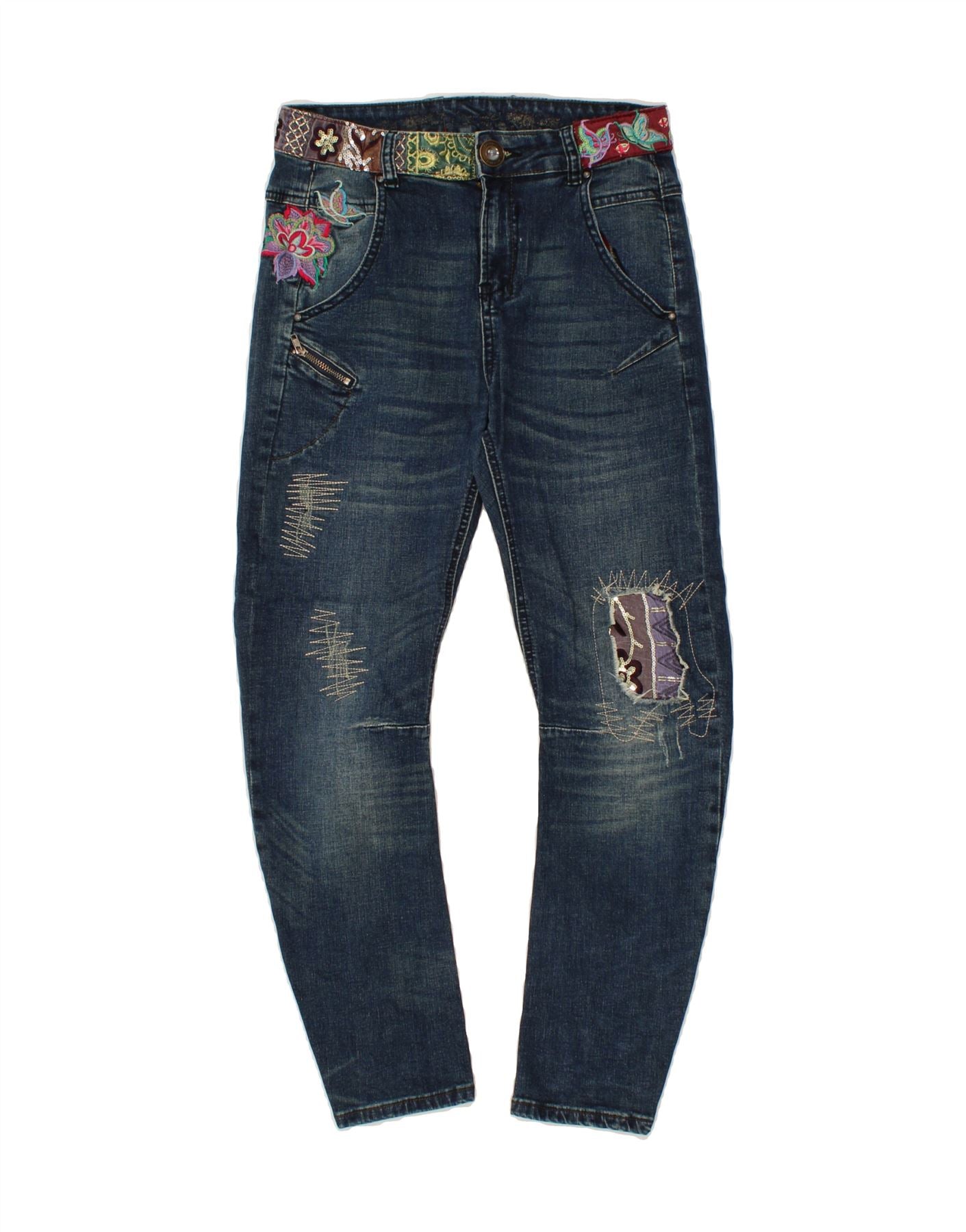 Image of DESIGUAL Womens Banana Slim Jeans W24 L27 Navy Blue Floral Cotton