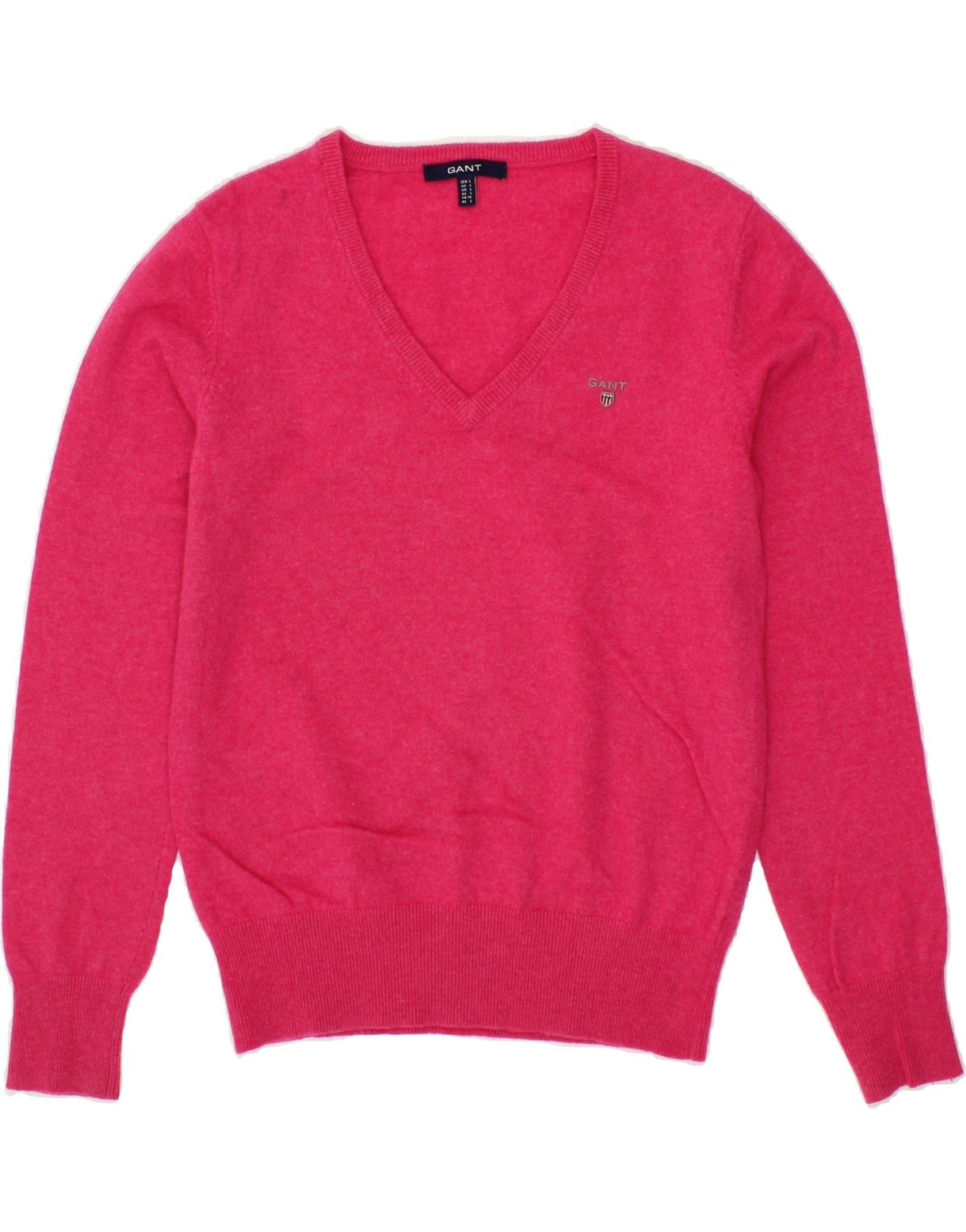 image of GANT Womens V-Neck Jumper Sweater UK 16 Large Pink Lambswool