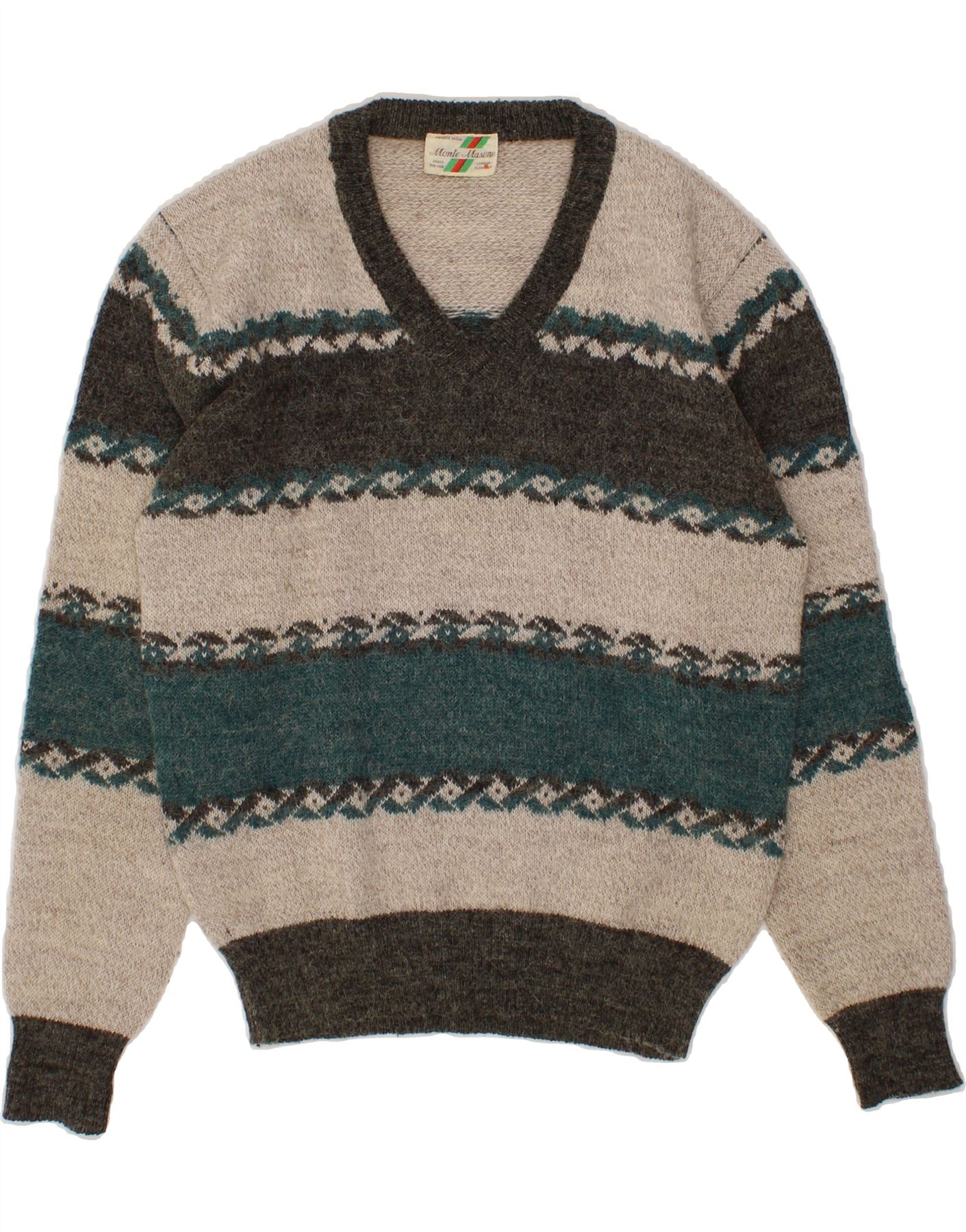 image of VINTAGE Mens V-Neck Jumper Sweater IT 50 Medium Grey Striped Polyacrylic